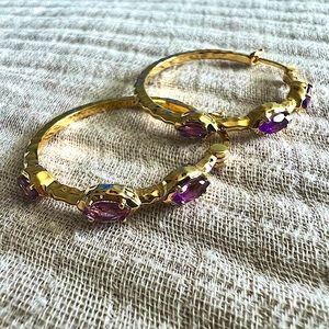 Genuine Amethyst Hammered Large Hoop Earrings